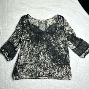 OneWorld women’s blouse top size 1X marbled black gray bishop sleeves with lace